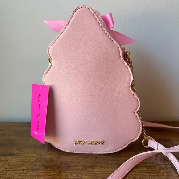 New Betsey Johnson Christmas Tree Crossbody Handbag Pink Ribbon Snow Cute - Picture 4 of 5